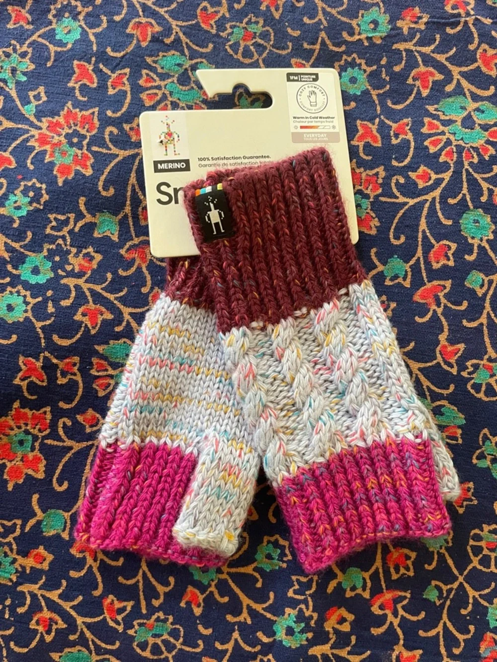 Smartwool Multicolor Cable Knit Fingerless Mitts - Burgundy & Pink